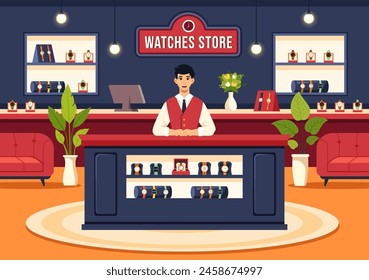 Relojes Tienda de Ilustración vectorial con presentación de Colección de reloj de pulsera con estilo Varios modelos, analógico y digital en fondo plano de dibujos animados