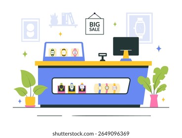 Relógios loja Ilustração Vetor com de coleção de relógio de pulso elegante, apresentando vários modelos analógicos e digitais em um plano de fundo estilo plano 