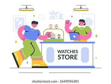 Watches Store Vector Illustration with of Stylish Wristwatch Collection, Featuring Various Analog and Digital Models in a Flat Style Background 