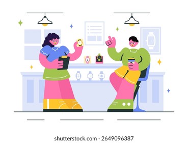 Watches Store Vector Illustration with of Stylish Wristwatch Collection, Featuring Various Analog and Digital Models in a Flat Style Background 