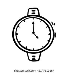 Watches wrist hand drawn vector scribble art isolated on white background. Clock arrow hands and face showing time in doodle monochrome style