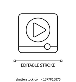 Ver anuncios icono lineal. Entretenimiento multimedia, publicidad en video. Ilustración personalizable de línea delgada de marketing de contenido. Símbolo de contorno. Dibujo de contorno aislado del vector. Trazo editable