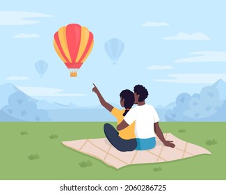 Watching air balloons flat color vector illustration. Boyfriend and girlfriend sitting on blanket. Rest and recreation outdoors. Couple on picnic 2D cartoon characters with cloudscape on background