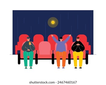 Watching a big screen film in the theater with friends, vector illustration.