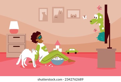 Watching cartoons background with television symbols flat vector illustration