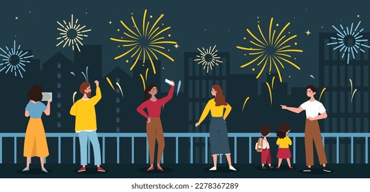 Watching celebratory firework. Man and women with children look at lights in night sky. Holiday and festival. Pyrotechnics show with explosions concept. Cartoon flat vector illustration