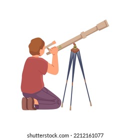 Watching celestial bodies and starry sky through telescopes. Isolated personage using zooming in device with powerful lens. Vector in flat cartoon style