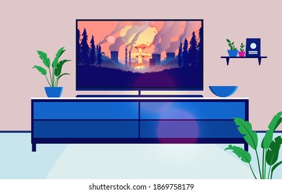 Schauen Katastrophen auf TV - Inneneinrichtung mit Bank und TV. Krieg und Zerstörung auf dem Bildschirm. Vektorgrafik