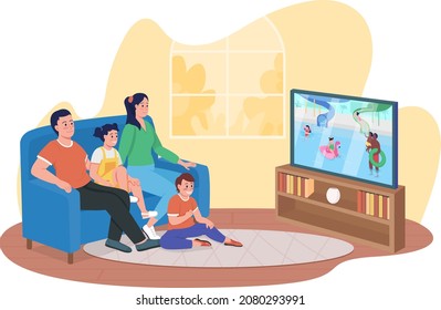 Watching entertainment program 2D vector isolated illustration. Smiling family members sitting on couch flat characters on cartoon background. Spending time together at home colourful scene