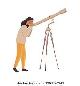 Watching and exploring starry sky and celestial bodies with telescopes. Isolated female character with device for zooming in. Vector in flat cartoon style