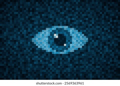 Watching eye over binary code background in blue colors. Concept of special software for monitoring of user actions, spying and surveillance. Personal data protection and information security