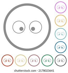 Watching eyes outline flat color icons in round outlines on white background