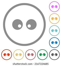 Watching eyes solid flat color icons in round outlines on white background
