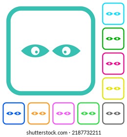 Augen beobachten, solide, lebhafte, farbige, flache Symbole in gekrümmten Rändern auf weißem Hintergrund