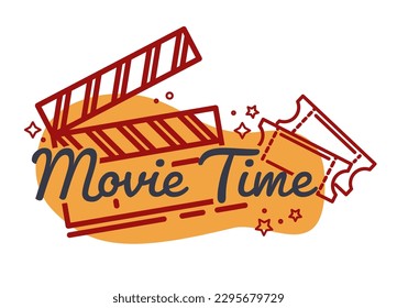 Watching films and spending movie night, recreation and amusement. Hobby and rest on weekend, cinematography and cinema fans. Tickets to hall, sticker or promotional banner. Vector in flat style