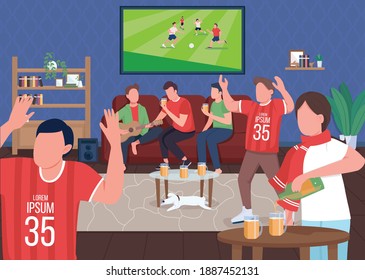 Watching football game with friends flat color vector illustration. Sport lovers special active hobby. Team winning match. Time with family 2D cartoon characters with home on background