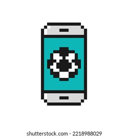 Watching football or soccer on phone icon in pixel art design isolated on white background.