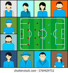 Watching football together with video teleconference vector Illustration.