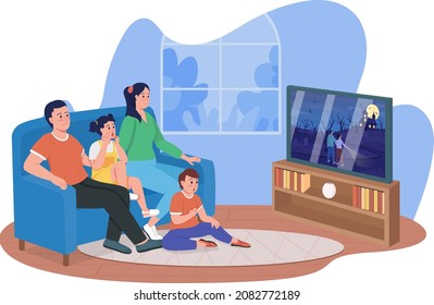 Watching horror movie with family 2D vector isolated illustration. Parents with kids sitting on couch together flat characters on cartoon background. Family bonding time colourful scene