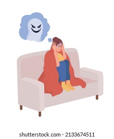 Watching horror movie semi flat color vector character. Sitting figure. Full body person on white. Intense fear simple cartoon style illustration for web graphic design and animation