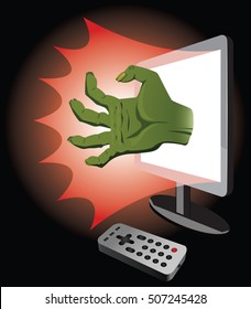 Watching of horror movie. Zombie hand coming out of TV. 
