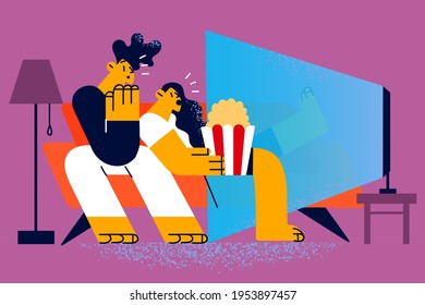 Watching horrors at home concept. Young scared couple sitting on sofa popcorn watching horror genre film resting at home indoors together vector illustration 