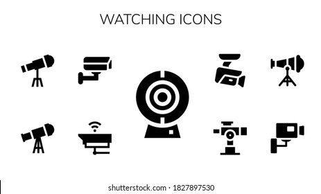 Icon-Set ansehen. 9 gefüllte Beobachtungssymbole. Einschließlich Cam, Cctv, Teleskop-Symbole