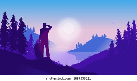 Watching the landscape - Man looking at nature and sunrise in purple scenery. Beauty in nature concept. Vector illustration.