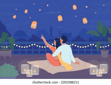 Watching lanterns in sky on Diwali flat color vector illustration. Couple enjoying holiday together on roof. Fully editable 2D simple cartoon characters with romantic atmosphere on background