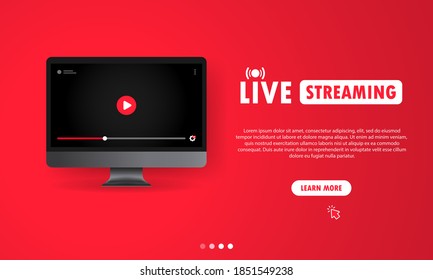 Ver streaming en vivo en la ilustración de la computadora. Seminario web en línea, lección, curso. Usuario de medios sociales. Vector de fondo aislado. EPS 10