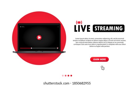 Watching live streaming on laptop illustration. Online webinar, lesson, course. Vector on isolated background. EPS 10