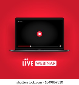 Watching live webinar on notebook illustration. Distance education. Online seminar, lesson, lecture, training, course. Vector on isolated background. EPS 10