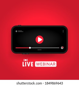 Watching live webinar on smart phone illustration. Distance education. Online lesson, Lecture, training, course. Vector on isolated background. EPS 10