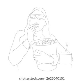 Watching movie concept in flat design style. Young girl human cinema movie tv popcorn eat snack one line art design vector. I love movie cinema icon.  Hand made vector not AI.