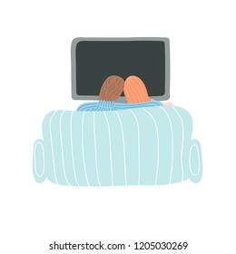 Watching Movie At Home. Couple From Behind On A Couch In Front Of TV Set. Vector Illustration In Flat Style.