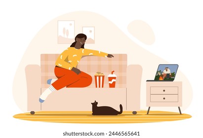 Watching movie at home. Woman sitting with basket of pop corn at sofa and watch television show. Entertainment and leisure at evening. Cartoon flat vector illustration isolated on white background