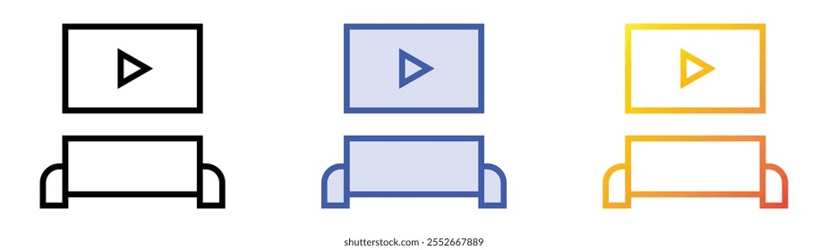 assistindo a um ícone de filme. Design de estilo linear, preenchimento azul e gradiente isolado em plano de fundo branco
