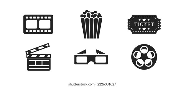 Watching movie icon set on white background. Weekend, leisure concept. Retro style ticket, moviestrip. Media entertainment symbol. Isolated black pictogram design. Vector illustration. 