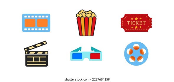 Watching movie icon set on white background. Weekend, leisure concept. Red-yellowed backet of popcorn, blue 3D glasses signs. Media entertainment symbol. Colored flat design. Vector illustration. 