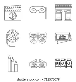 Watching movie icons set. Outline set of 9 watching movie vector icons for web isolated on white background