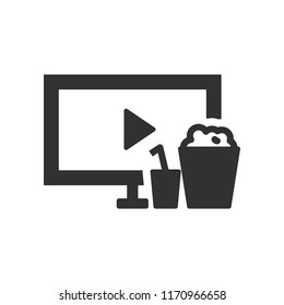 watching a movie, monitor popcorn and soda. monochrome icon