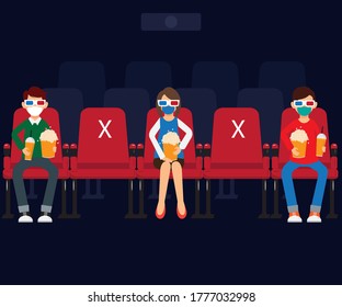 Watching movie in a New Normal vector concept: group of people applying physical distancing while watching movie at the cinema