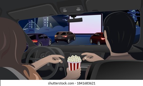 Watching a movie in the open car cinema. Man and woman are eating popcorn. Evening entertainment in the city in the parking lot. Vector