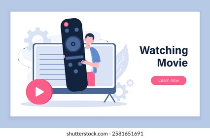 Watching movie poster. Man with large remote controller on TV screen. Film industry, tv series and movies. Fun and entertainment. Landing webpage design. Flat vector illustration