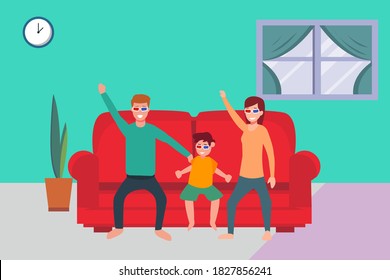 Watching movie vector concept: Happy family watching movie together at home while sitting on the sofa and wearing 3D glasses