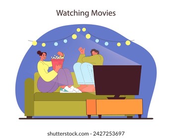 Concepto de ver películas. Amigos compartiendo una acogedora noche de cine en casa con palomitas de maíz. Entretenimiento en casa relajado y alegre. Disfrutando de historias cinematográficas juntos. Ilustración vectorial plana.