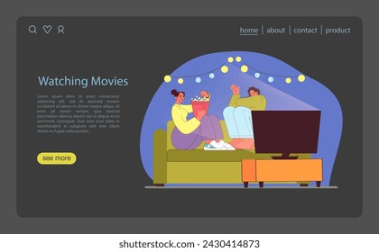 Watching Movies concept. Friends sharing a cozy movie night at home with popcorn. Relaxed and cheerful home entertainment. Enjoying cinematic stories together. Flat vector illustration.