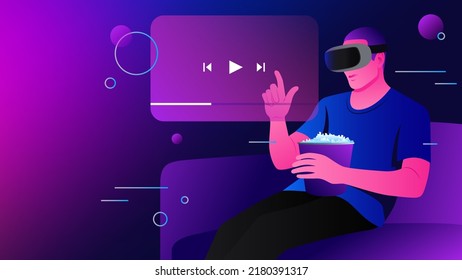 Watching Movies in Metaverse. Man in VR Goggles with popcorn Illustration. Vector illustration