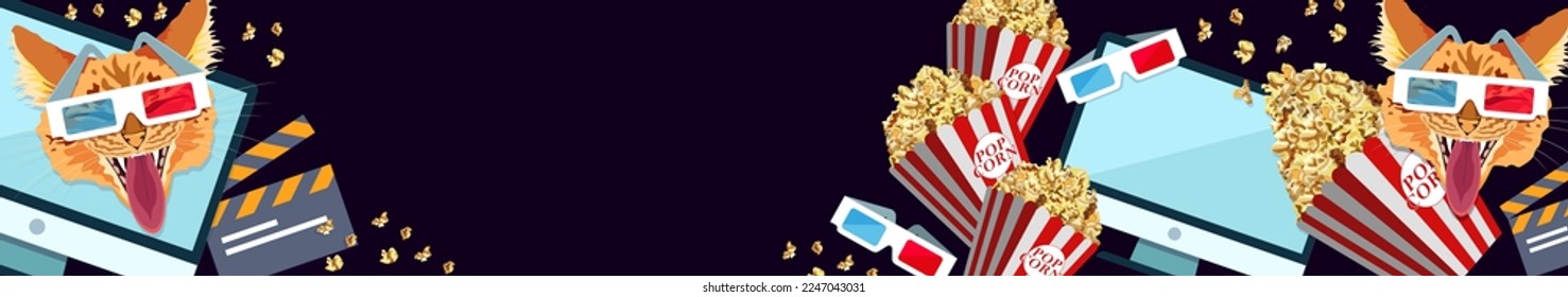 Watching movies online. 3d cinema at home. Stylish banner from different elements: monitor, 3d glasses, popcorn, red cat muzzle, movie clapperboard