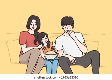 Watching movies, spending time with family concept. Young smiling parents mother and father family and small daughter sitting on sofa eating popcorn watching movie together vector illustration 